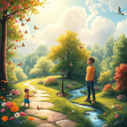 A thoughtful representation of a journey from childhood to youth, depicting a winding path through a vibrant, lush forest