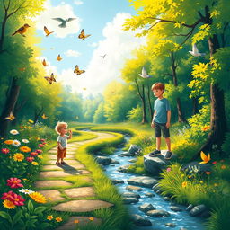 A thoughtful representation of a journey from childhood to youth, depicting a winding path through a vibrant, lush forest