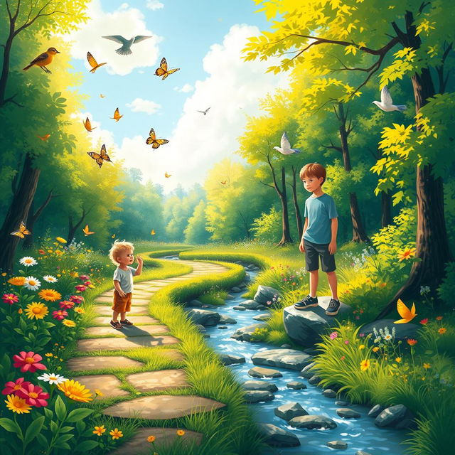 A thoughtful representation of a journey from childhood to youth, depicting a winding path through a vibrant, lush forest