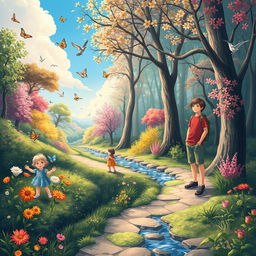 A thoughtful representation of a journey from childhood to youth, depicting a winding path through a vibrant, lush forest