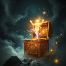 A mystical scene depicting a soul being released from an ancient golden box, surrounded by a magical aura