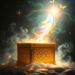 A mystical scene depicting a soul being released from an ancient golden box, surrounded by a magical aura