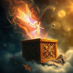 A mystical scene depicting a soul being released from an ancient golden box, surrounded by a magical aura