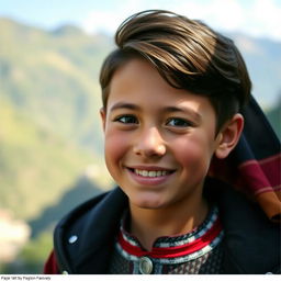 A portrait of a beautiful Tajikistani boy, capturing his youthful smile and distinct features, set against a backdrop of the lush Tajik mountains