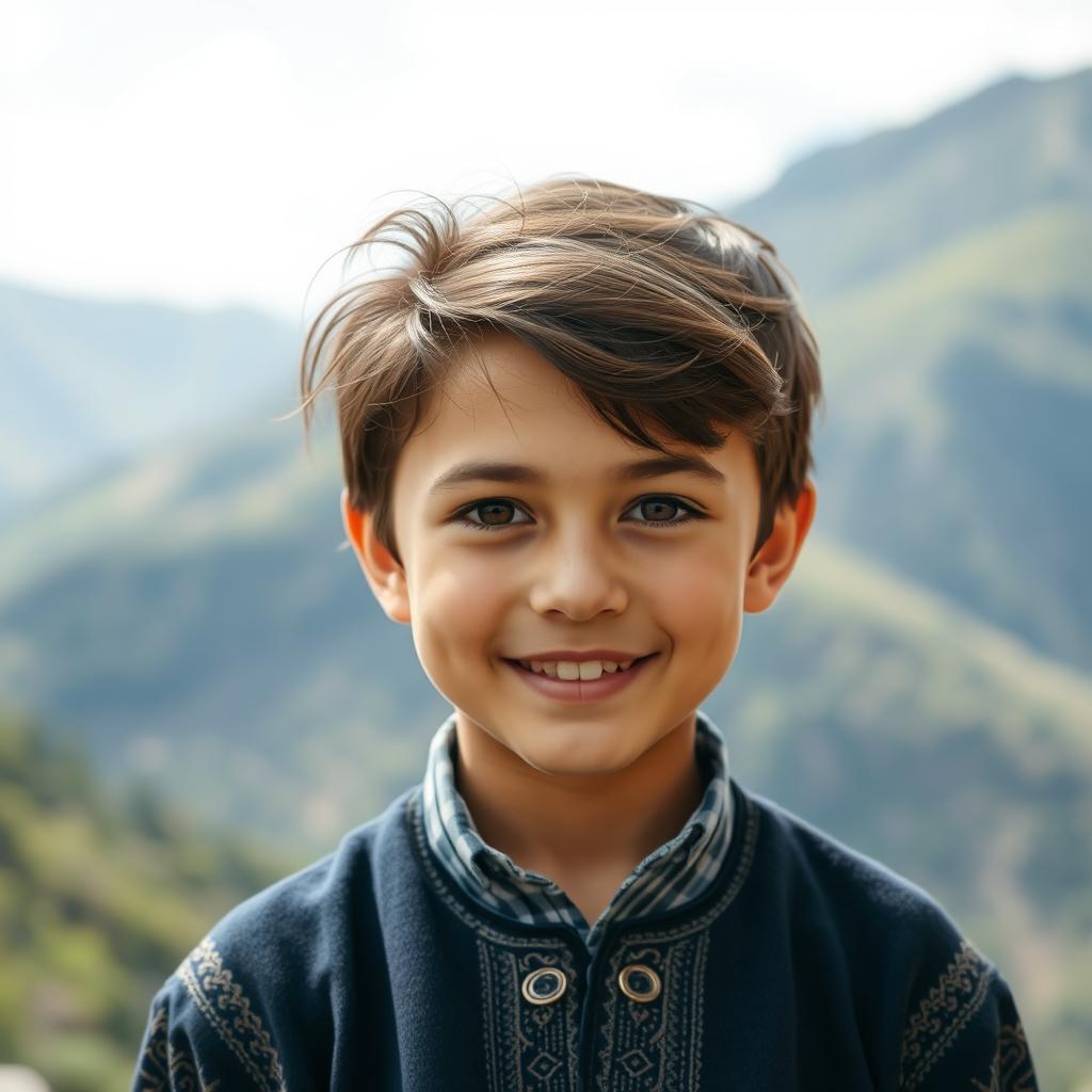 A portrait of a beautiful Tajikistani boy, capturing his youthful smile and distinct features, set against a backdrop of the lush Tajik mountains