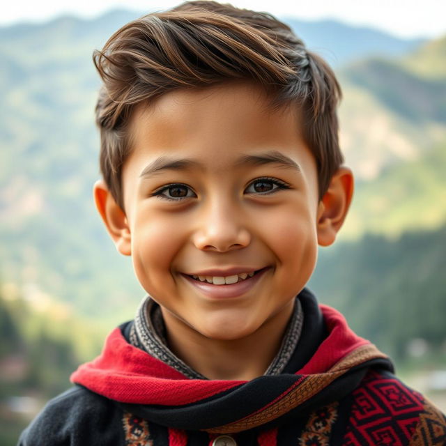 A portrait of a beautiful Tajikistani boy, capturing his youthful smile and distinct features, set against a backdrop of the lush Tajik mountains