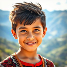 A portrait of a beautiful Tajikistani boy, capturing his youthful smile and distinct features, set against a backdrop of the lush Tajik mountains