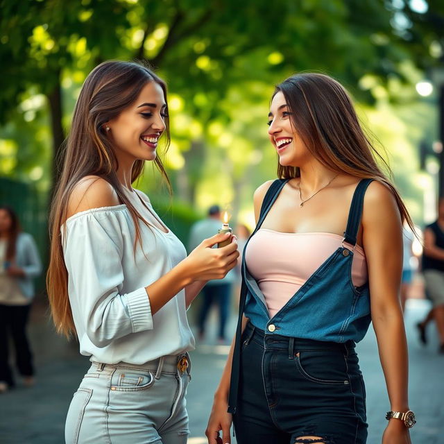 A confident, busty girl is playfully helping her friend light a cigarette outdoors