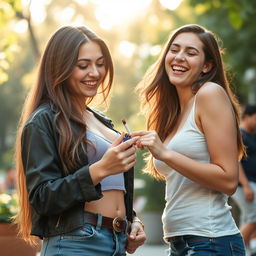A confident, busty girl is playfully helping her friend light a cigarette outdoors