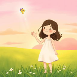 An illustration of a girl named Sara standing in a grassy field, waving goodbye to a whimsical creature named Twinkle as he ascends back to the sky