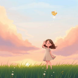 An illustration of a girl named Sara standing in a grassy field, waving goodbye to a whimsical creature named Twinkle as he ascends back to the sky