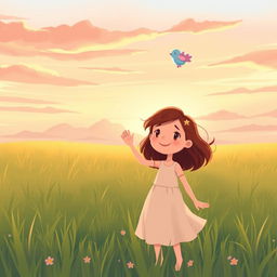 An illustration of a girl named Sara standing in a grassy field, waving goodbye to a whimsical creature named Twinkle as he ascends back to the sky