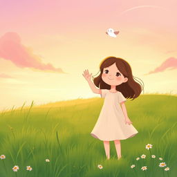 An illustration of a girl named Sara standing in a grassy field, waving goodbye to a whimsical creature named Twinkle as he ascends back to the sky