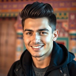 A portrait of a handsome young Tajikistani man, showcasing his strong jawline and captivating features