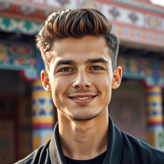 A portrait of a handsome young Tajikistani man, showcasing his strong jawline and captivating features