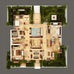 Create a detailed floor plan of a 4 bedroom, L-shaped, ground-level house.