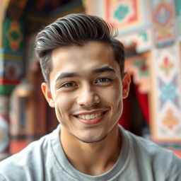 A portrait of a handsome young Tajikistani man, showcasing his strong jawline and captivating features
