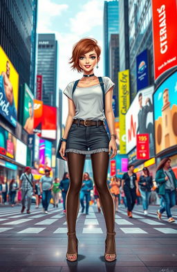 A modern interpretation of Cinderella, featuring a young woman with a chic and fashionable outfit, standing on a vibrant city street