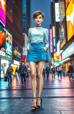 A modern interpretation of Cinderella, featuring a young woman with a chic and fashionable outfit, standing on a vibrant city street