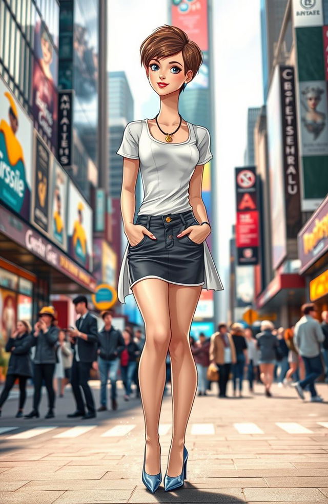 A modern interpretation of Cinderella, featuring a young woman with a chic and fashionable outfit, standing on a vibrant city street