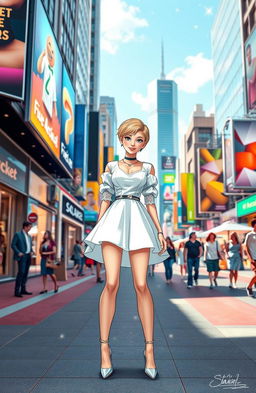 A modern interpretation of Cinderella, featuring a young woman with a chic and fashionable outfit, standing on a vibrant city street