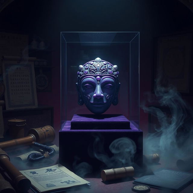 An enigmatic scene featuring the mysterious case of a purple jade mask, elegantly displayed on a dark velvet pedestal