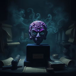 An enigmatic scene featuring the mysterious case of a purple jade mask, elegantly displayed on a dark velvet pedestal