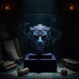An enigmatic scene featuring the mysterious case of a purple jade mask, elegantly displayed on a dark velvet pedestal