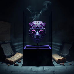 An enigmatic scene featuring the mysterious case of a purple jade mask, elegantly displayed on a dark velvet pedestal
