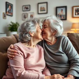 An affectionate scene featuring a grandmother and a mature woman sharing a tender kiss, exuding love and warmth
