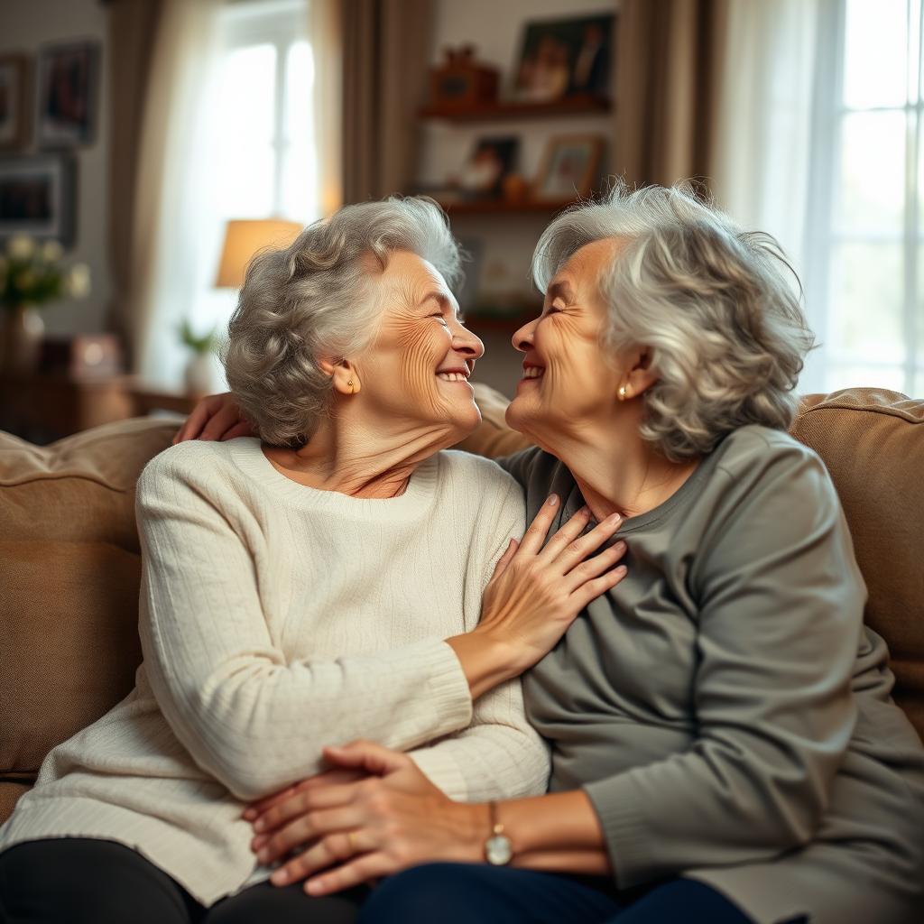 An affectionate scene featuring a grandmother and a mature woman sharing a tender kiss, exuding love and warmth