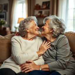 An affectionate scene featuring a grandmother and a mature woman sharing a tender kiss, exuding love and warmth