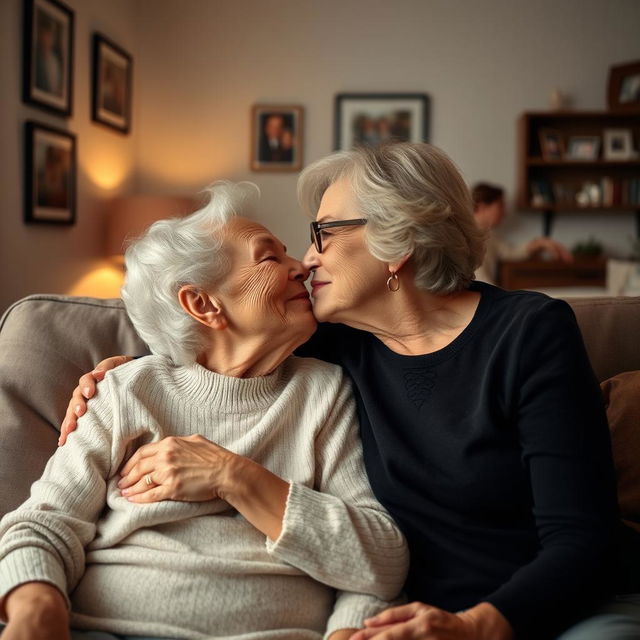 An affectionate scene featuring a grandmother and a mature woman sharing a tender kiss, exuding love and warmth