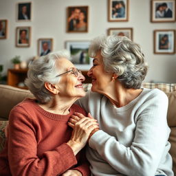 An affectionate scene featuring a grandmother and a mature woman sharing a tender kiss, exuding love and warmth