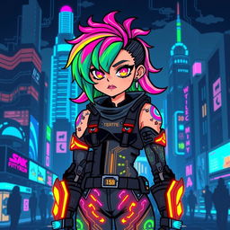 A vibrant cyberpunk pixel art character, featuring a futuristic city skyline in the background, with neon lights and holographic ads