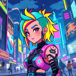 A vibrant cyberpunk pixel art character, featuring a futuristic city skyline in the background, with neon lights and holographic ads