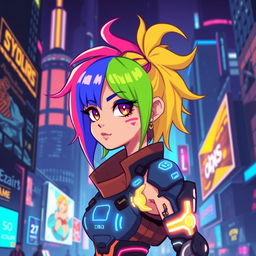 A vibrant cyberpunk pixel art character, featuring a futuristic city skyline in the background, with neon lights and holographic ads