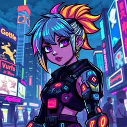 A vibrant cyberpunk pixel art character, featuring a futuristic city skyline in the background, with neon lights and holographic ads