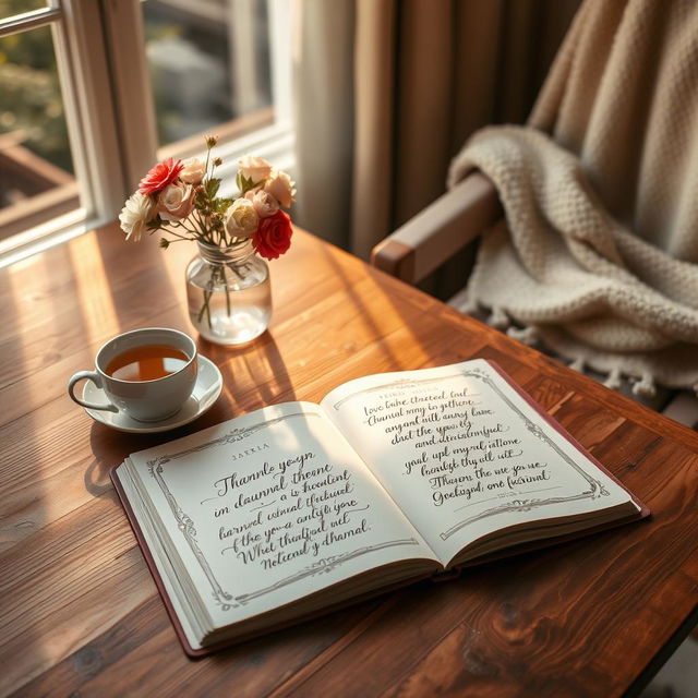 A beautifully arranged open gratitude journal lying on a wooden table