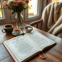 A beautifully arranged open gratitude journal lying on a wooden table