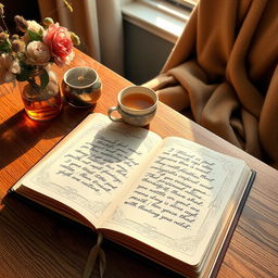 A beautifully arranged open gratitude journal lying on a wooden table