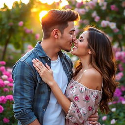A romantic scene of a handsome young man tenderly kissing the lips of a beautiful young woman