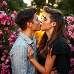 A romantic scene of a handsome young man tenderly kissing the lips of a beautiful young woman