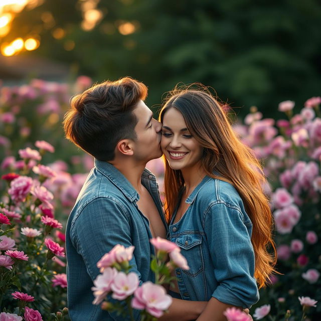 A romantic scene of a handsome young man tenderly kissing the lips of a beautiful young woman