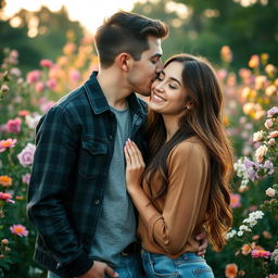 A romantic scene of a handsome young man tenderly kissing the lips of a beautiful young woman