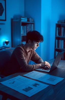 A contemplative scene featuring a person sitting at a desk with a laptop open, surrounded by shades of blue