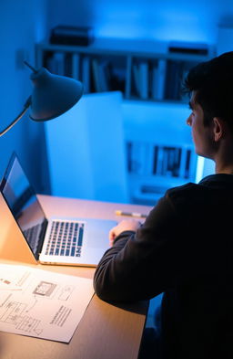 A contemplative scene featuring a person sitting at a desk with a laptop open, surrounded by shades of blue