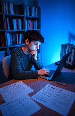 A contemplative scene featuring a person sitting at a desk with a laptop open, surrounded by shades of blue