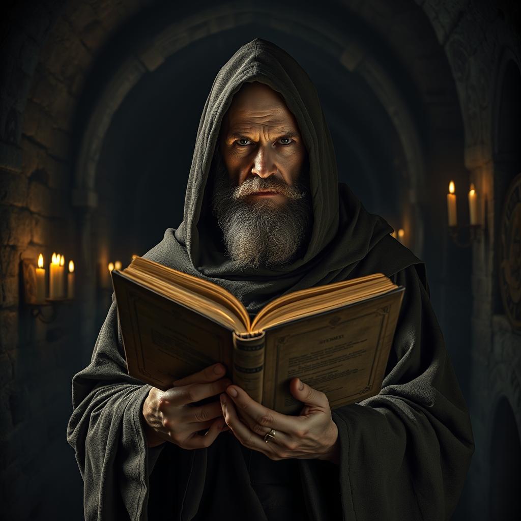 A striking portrayal of a heretic monk, dressed in tattered robes that reflect a sense of rebellion against monastic traditions