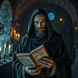 A striking portrayal of a heretic monk, dressed in tattered robes that reflect a sense of rebellion against monastic traditions